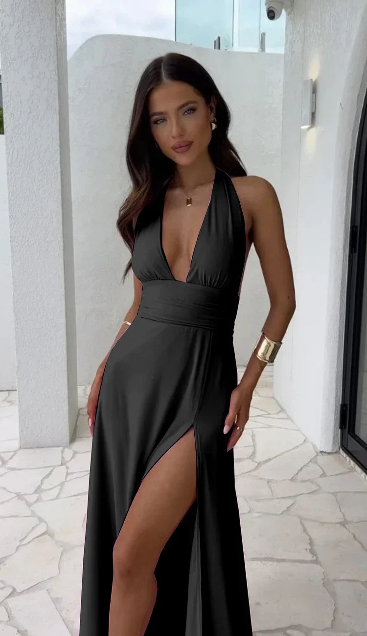 Deep V Neck Solid Color Dress