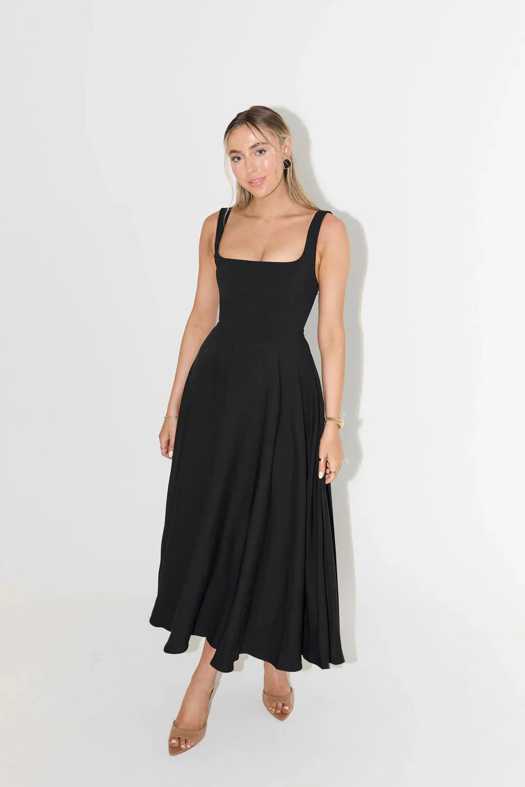 HIGH WAIST SQUARE NECK MIDI DRESS